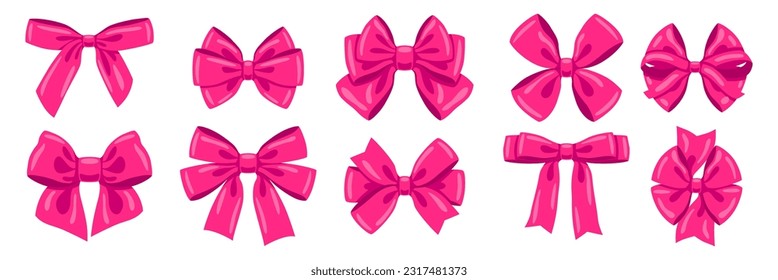 Set of pink satin bows. Ribbon with knot for card decoration and design.