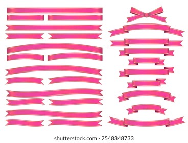 Set of pink satin ribbons with gold lines for gifts and message cards