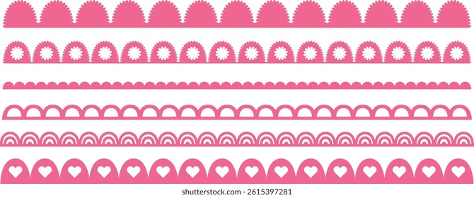 Set of  pink scallop borders. Horizontal pattern frame with hearts and flowers. Vector ribbon edge girly elements