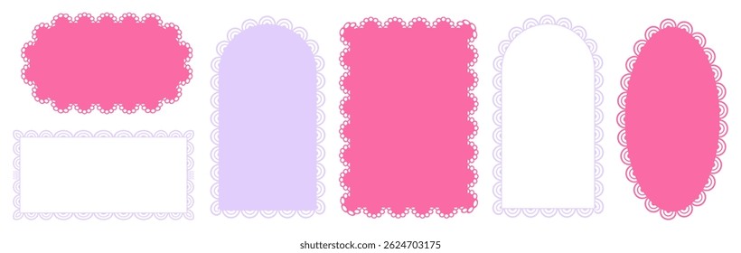 Set of pink scalloped frames with wavy shapes. Template for postcard designs and decorative sticker elements. Wave-style borders on a transparent background