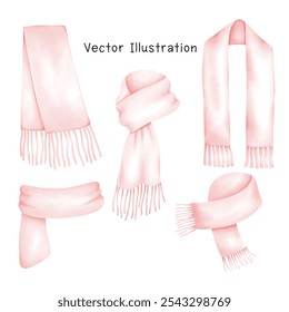 Set of pink scarves and shawls in watercolor. Vector illustration of beautiful scarves of different shapes isolated on white background. A stylish element of the outfit.Protection from the cold.