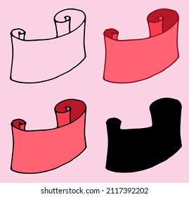 A set of pink scrolls icons. Collection of doodle-style scrolls with ribbon isolated black outline and silhouette on light , with space for text for label template. Sketch doodle red ribbons Vector 