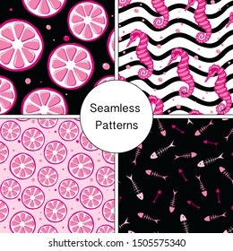 Set of Pink Seamless backgrounds. Citruses. Seahorse. Fish. Vector illustration