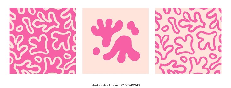 Set of  pink seamless patterns with abstract outline and silhouette organic floral shapes. Vector hand drawn background in minimalist boho doodle style. Matisse inspired. 