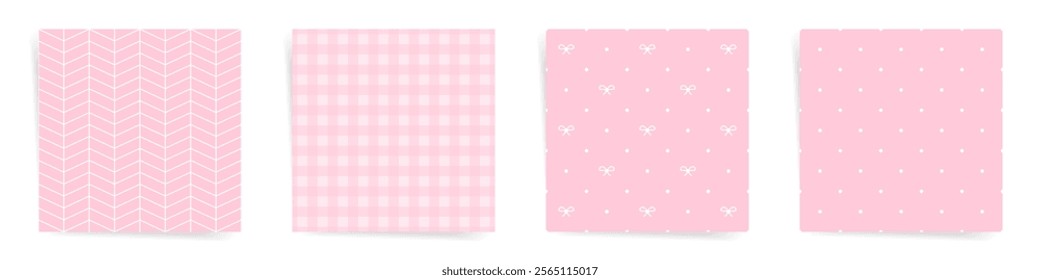 Set of pink seamless patterns. Chevron, gingham, bows, and polka dot designs for Valentines day. Perfect love-themed backgrounds for creative projects.