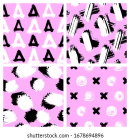 Conjunto de patrones transparentes rosas con diferentes formas geométricas: círculos, triángulos, cruces, rayas pintadas en estilo grunge con tinta. Papeles de paredes vectoriales dibujados a mano.	