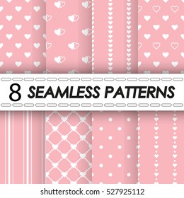 set of pink seamless patterns with hearts