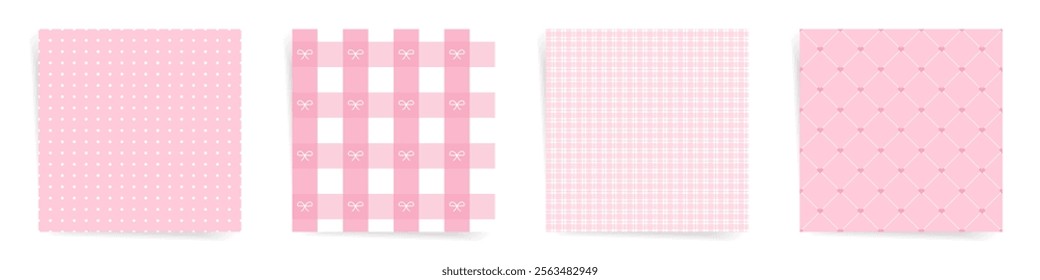 Set of pink seamless patterns. Polka dots, gingham with bows, plaid, and diamond hearts. Perfect Valentines day backgrounds for love themed creative projects.