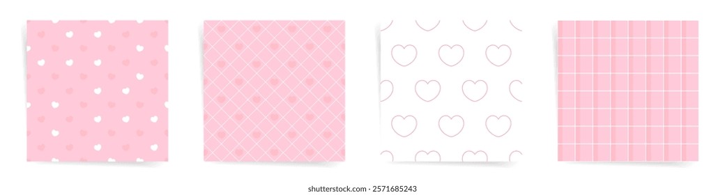 Set of pink seamless patterns. Scattered hearts, diamond grid, outlined hearts, and minimalist grids. Perfect Valentine’s day backgrounds for love-themed creative projects.