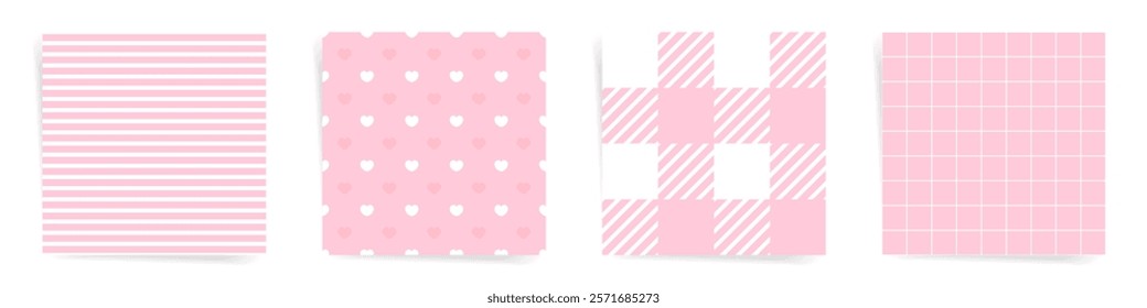 Set of pink seamless patterns. Striped, heart, checkered, and grid designs for Valentine’s day. Perfect love-themed backgrounds for creative projects.