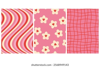 Set of pink seamless retro patterns. Waves, flowers, daisies, checkered pattern