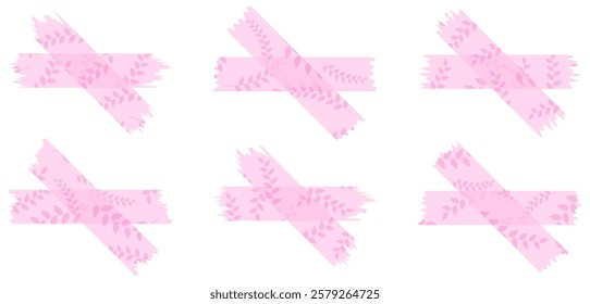 Set of pink semi-transparent washi tapes with pattern isolated on white. Tapes collection in vector. Pieces of decorative tape for scrapbooks. Torn paper. Love, Valentine's Day