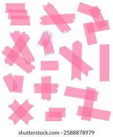 Set of pink semi-transparent washi tapes isolated on white. Tapes collection in vector. Pieces of decorative tape for scrapbooks. Torn paper. Love, Valentine's Day