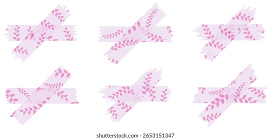 Set of pink semi-transparent washi tapes with pattern isolated on white. Tapes collection in vector. Pieces of decorative tape for scrapbooks. Torn paper. Love, Valentine's Day