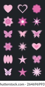 Conjunto de formas cor-de-rosa sobre um fundo preto, incluindo corações, estrelas, flores e borboletas. Várias formas rosadas, corações, estrelas e flores em tons suaves. Vetor de conjunto de elementos brilhante bonito.