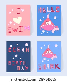 Set Pink shark card for birthday girl. Cartoon character with funny inscription I love swim, ocean birthday, hello. Print for invitation card, decor party, baby shower. Vector illustration poster