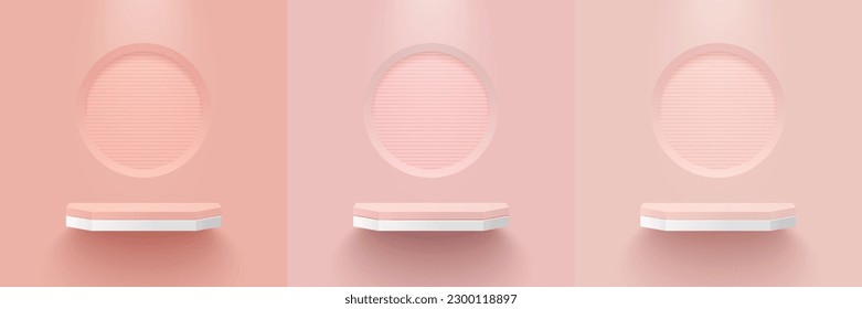 Set of pink shelf for product display presentation with pink circle background. Shelves to show product suitable for advertising