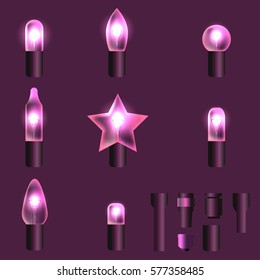 Set of pink shining garland lights with holders isolated on background. Christmas, New Year party decoration realistic design elements. Glowing lights for Xmas. Holiday greeting design.