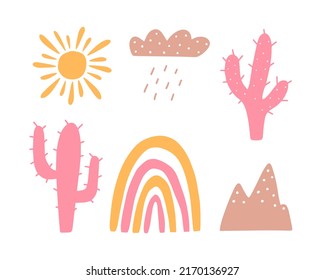 Set of pink silhouette ellements isolated on a white background. Collection of cactuses for your design. Hand drawn vector illustration including a rainbow, mountain, cloud and sun.