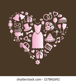 Set of pink silhouette wedding icons inside a heart shape