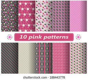 Set of pink simple geometric patterns. Abstract seamless patterns with dots, lines, squares. Design for wrapping paper, web, gift paper, cover. Vector wrapping paper patterns.