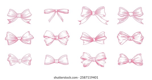 Set of pink sketched bow and ribbon. Hand drawn vintage line art vector illustration. 
