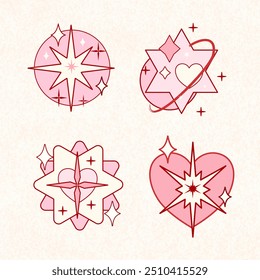 Set of pink Snowflakes Christmas design vector, Snowflake Christmas design background vector, pink, y2k sparking, Snowflake set on isolated background. Isolated snowflake collection. Frost 