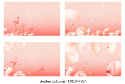 Set pink spa background. Abstract sakura cherry flower petals elements, flamingos, and colors japanese style delicate background