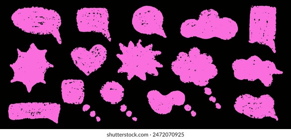 Set of pink speech bubbles. Dialogue box in doodle style. Doodles drawing with wax or chalk marker. Text boxes for chats and games. Various talk balloon shapes in retro 90's style
