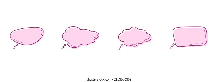 Set of pink speech bubbles. Doodle hand draw like kids style in pastel color for use in business, chat, inbox, dialog, message, question, communication, talk, speak, sticker, balloon, thinking