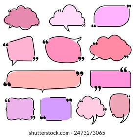 A set of pink speech bubbles with quotation marks in various shapes and shades. Ideal for highlighting quotes, messages, and dialogues in creative projects and presentations.