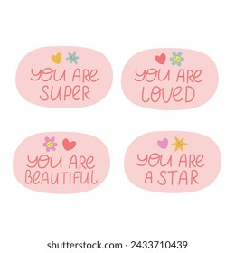 Set of pink speech bubbles stickers with compliments. Vector illustration