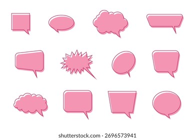 A set of pink speech bubbles of various shapes. A collection of icons for chats, messages, and dialog boxes. Vector illustration.