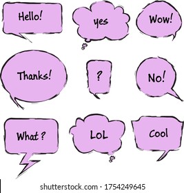 Set of pink speech bubbles with words