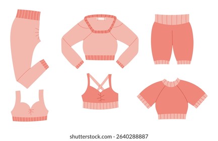 set of pink sportswear. Top, tank top, leggings, shorts. The flat color illustration is suitable for applications, posters about health, fitness, exercise, disease prevention and cardiac activity
