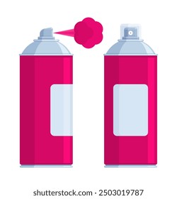 Set of pink spray paint cans with silver caps, one spraying paint. Flat vector illustration isolated on white background. Art supplies and graffiti concept. Perfect for creative projects