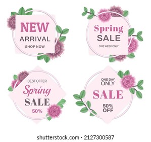 Set of pink spring sale background with beautiful flora. Frame, flower, foliage for banner, flyer, promotion poster, invitation, advertising template. Special offer concept. Vector illustration