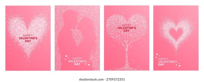 Set of pink square greeting card with happy Valentines Day text, heart, couple, and tree of love for social media post, story.