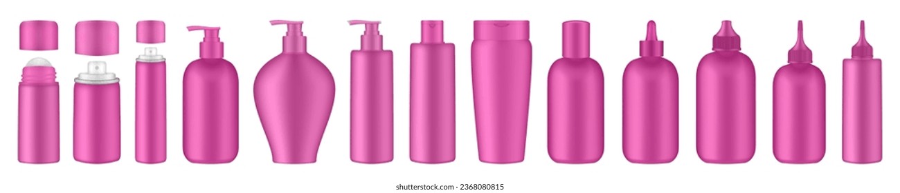Set of pink squeeze bottles. Bottles with pump, dispenser. Korean packaging. Lotion or shower gel. Deodorant roll-on. Hair spray, air freshener container, mockup of aerosol. Squeeze bottles. Dropper - Shutterstock ID 2368080815