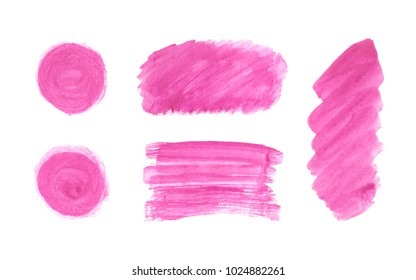Set of pink stain hand paint, burgundy round shapes, crimson rectangle, stripes, circles, lines isolated on white background
