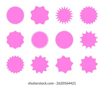 Set of pink starburst price tags, retro sale stickers, sunburst frames, discount labels, and promotional badges for marketing and shopping design needs

