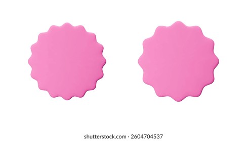 Set pink stickers, badge mockup. Blank labels of circle shapes with wavy edge. Vector illustration isolated on white. Copy space. Patches for preview tags, labels, design, presentation, adv