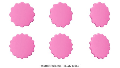 Set pink stickers, badge mockup. Blank labels of circle shapes with wavy edge. Vector illustration isolated on white. Copy space. Patches for preview tags, labels, design, presentation, adv