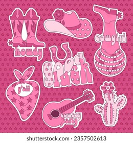 Set of pink stickers pink cowgirl wild west theme. Pink wild west illustrations, cowboy hat, good luck horseshoe and boot with lettering quotes. Vector hand drawn design.