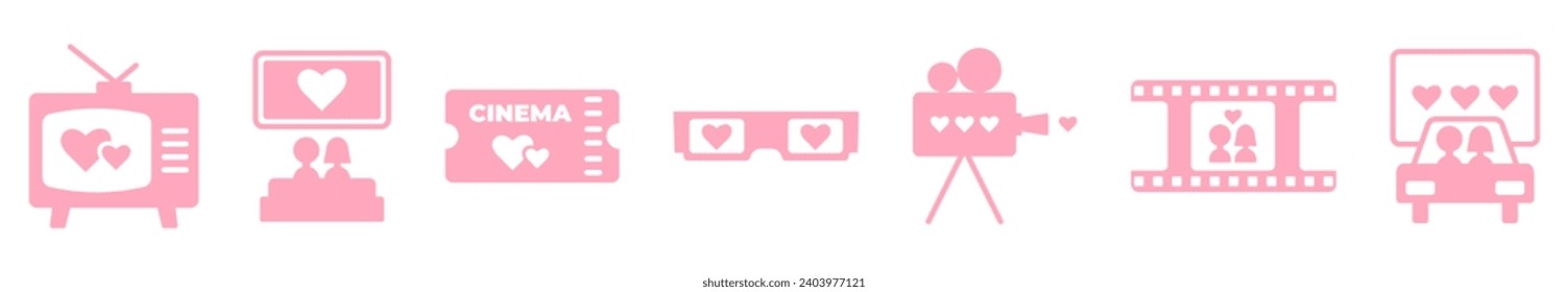 Conjunto de stickers rosa para película romántica sobre fondo blanco