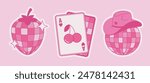 Set of pink stickers wild west disco theme. Cowgirl illustrations, pink disco ball, playing cards, strawberry, ball with cowboy hat