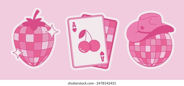 Set of pink stickers wild west disco theme. Cowgirl illustrations, pink disco ball, playing cards, strawberry, ball with cowboy hat