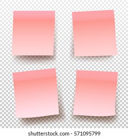 Set of pink sticky note isolated on transparent background. Vector illustration. Template for your projects.