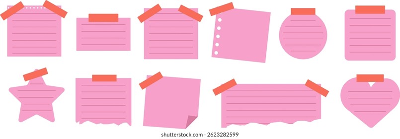 Set of pink sticky paper with red tape and bold lined. Bright colors and variety shapes. Vector elements