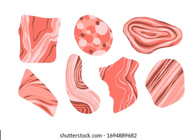Set of pink stones. Marbled natural textures. Abstarct design shapes for compositions, cards, art projects.